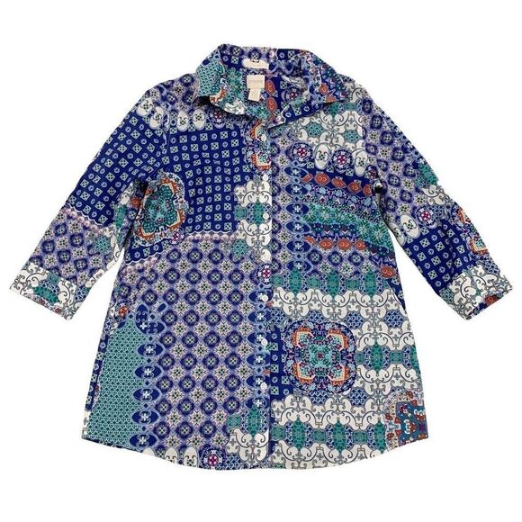 Chico’s 0 non iron 3/4 sleeves button down tunic shirt shacket pockets mosaic - Picture 1 of 11